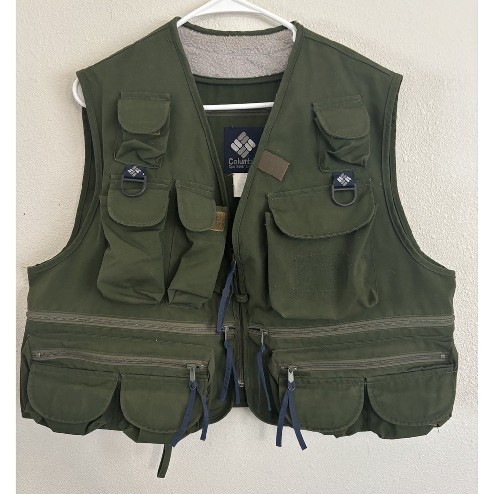 Vintage Columbia Sportswear Fishing Vest Men's XL Olive Green Multi Pocket Korea